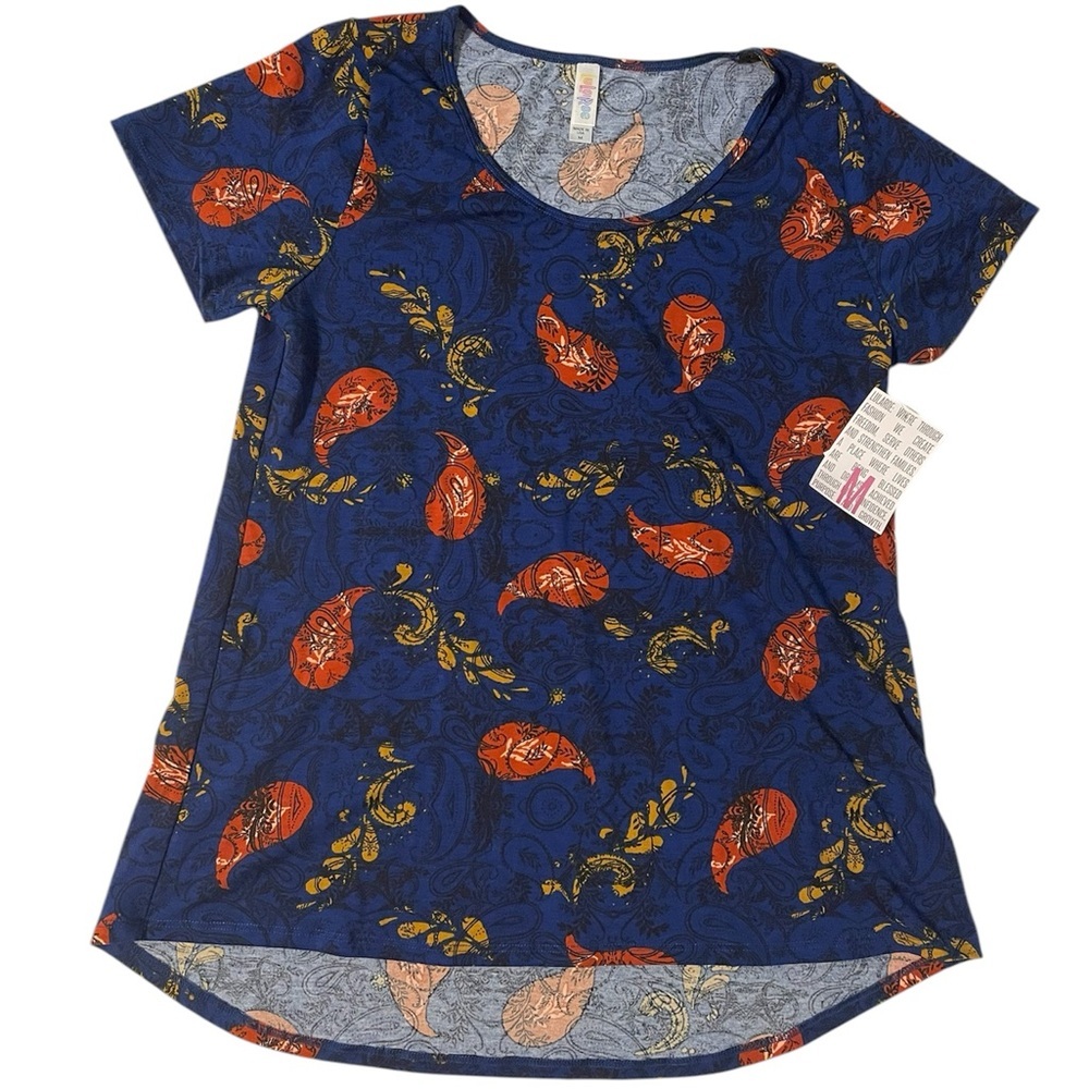 LuLaRoe Tunic Top Size M Christy Tennis Blue Orange Yellow Shirt Stretch Women